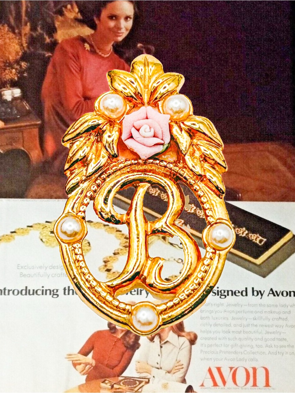 Avon Gold-Tone Monogram B Pendant with Pink Rose and Pearl Accents